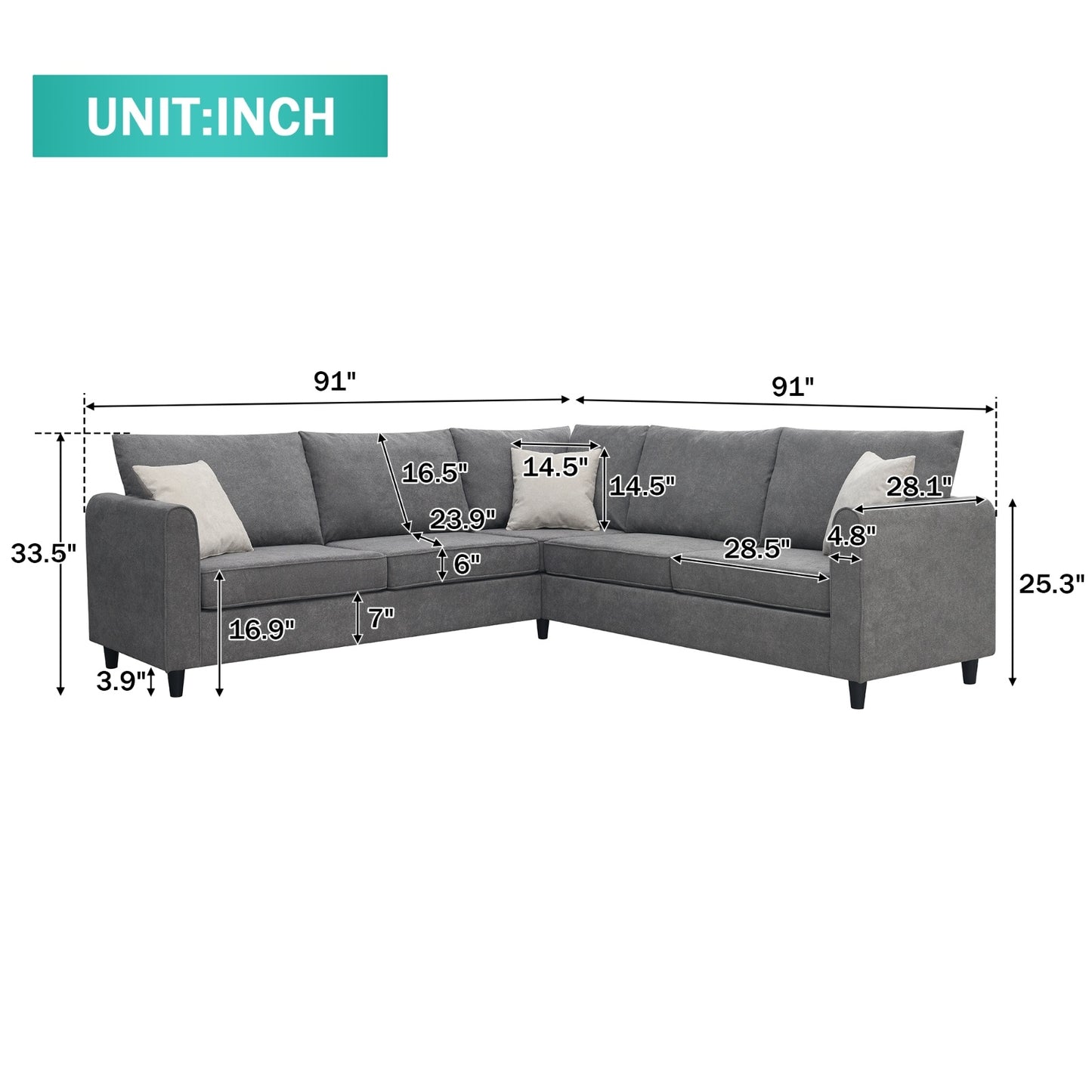 New 91 91  Modern L-Shape Sectional Sofa  Upholstered Living Room Couch